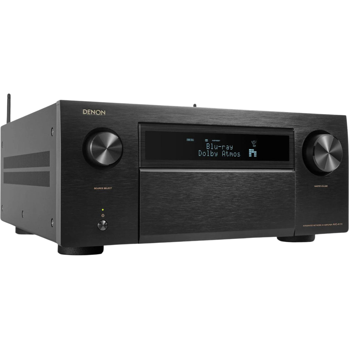 Denon AVC-A1H stereo amplifier with sleek black design, multiple input ports, and control knobs on the front panel.