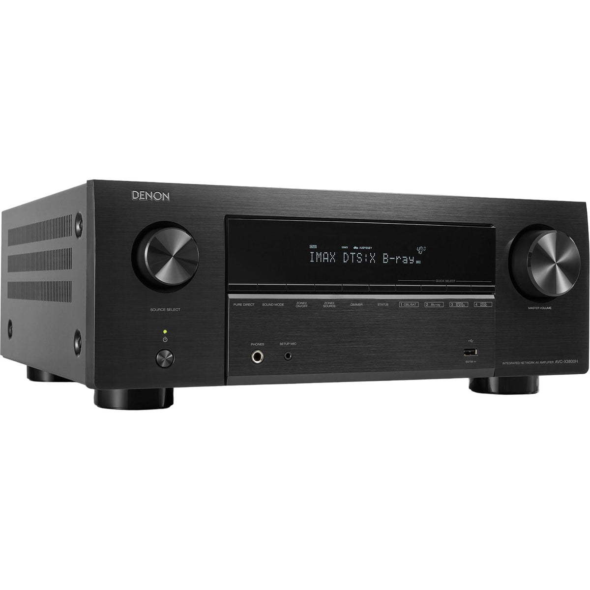Denon AVC-X3800H stereo amplifier featuring multiple audio input ports and a sleek black design for high-quality home audio.