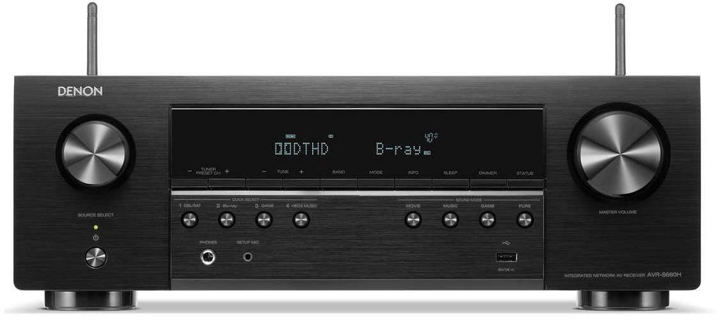 Denon AVR-S660H stereo amplifier with front control panel and multiple input ports, black finish, and display screen.