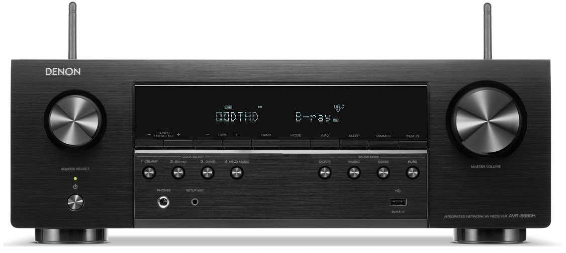 Denon AVR-S660H stereo amplifier with front control panel and multiple input ports, black finish, and display screen.