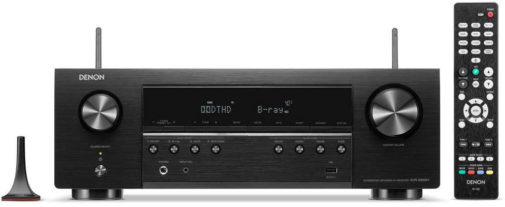 Denon AVR-S660H stereo amplifier with remote control, featuring knobs and display on a black finish.