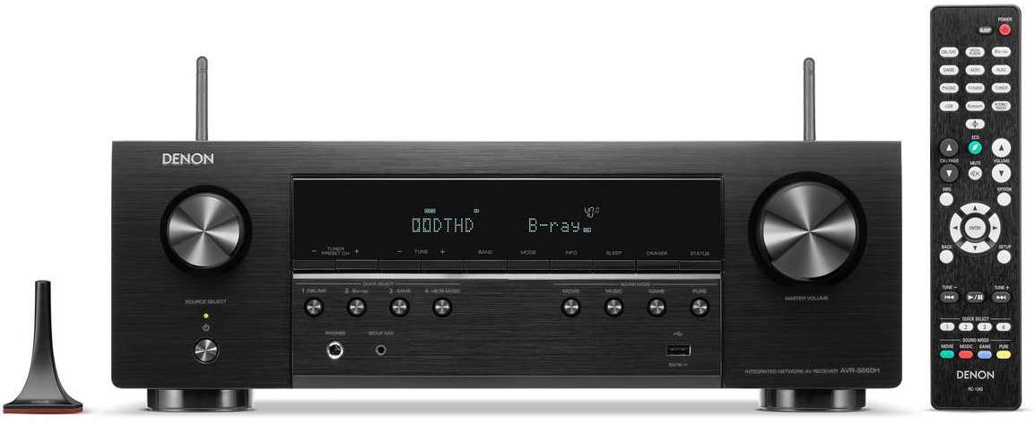 Denon AVR-S660H stereo amplifier with remote control, featuring knobs and display on a black finish.