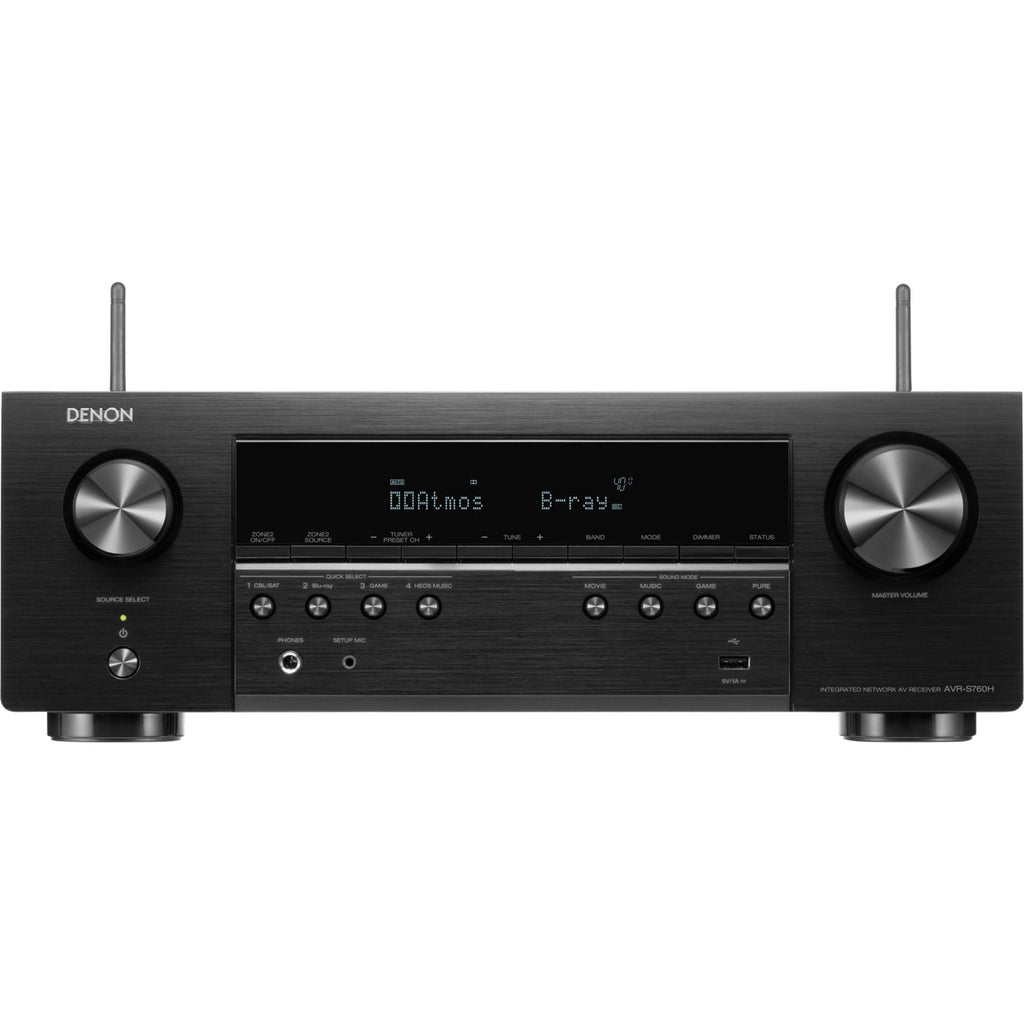 Denon AVR-S760H stereo amplifier with sleek black design, front panel controls, and multiple input ports for home audio setup.