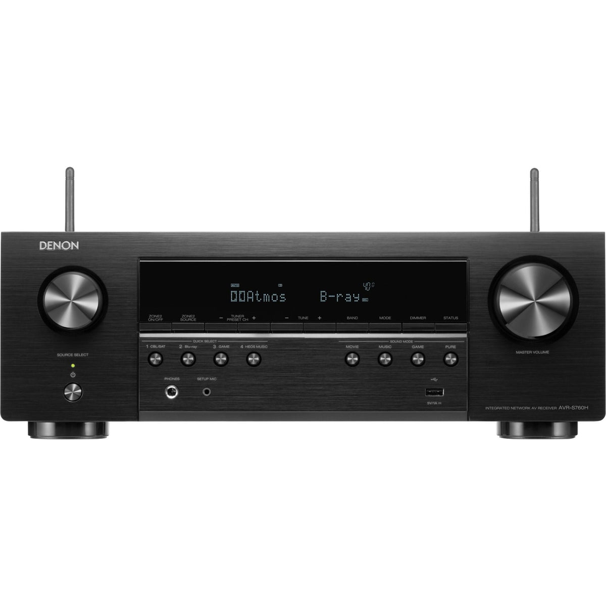 Denon AVR-S760H stereo amplifier with sleek black design, front panel controls, and multiple input ports for home audio setup.