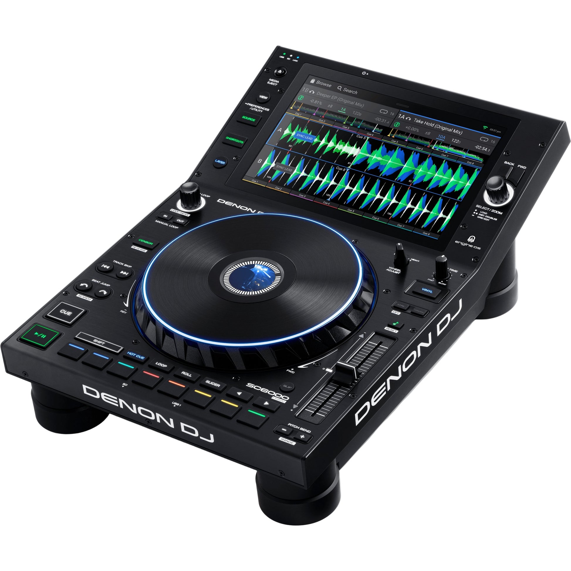 Denon DJ SC6000 Prime DJ media player with large touch screen, jog wheel, and professional controls on a DJ setup.