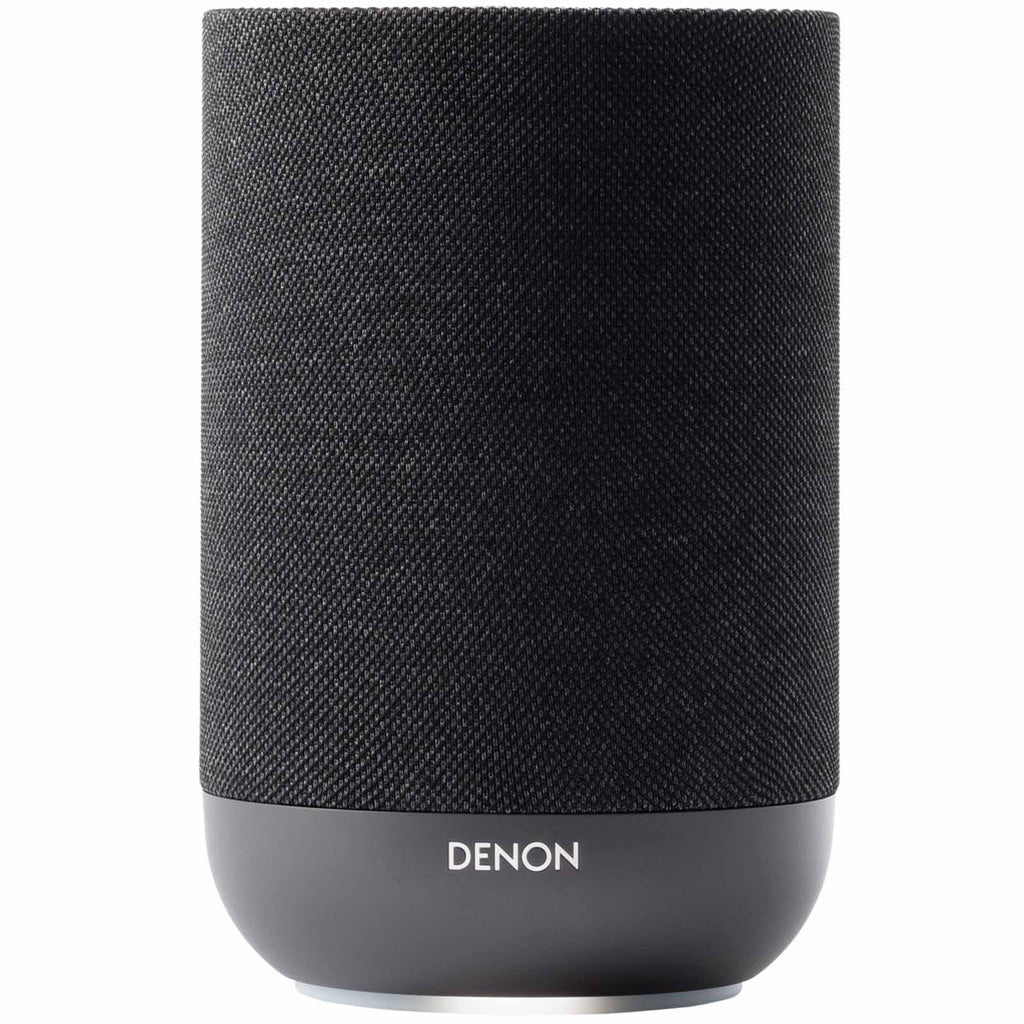 Denon Home 200 wireless speaker in charcoal color, compact design with fabric grille and control buttons on top.