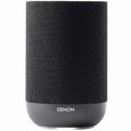 Denon Home 200 wireless speaker in charcoal color, compact design with fabric grille and control buttons on top.