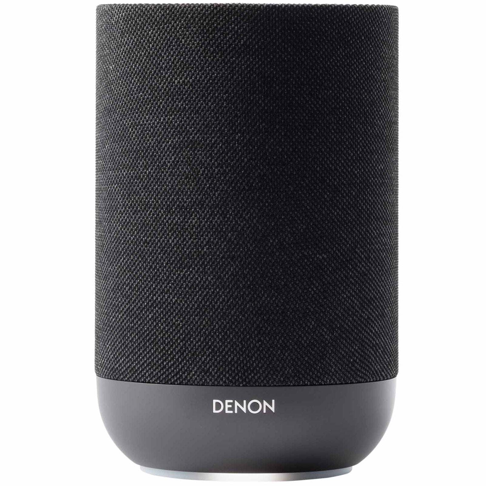 Denon Home 200 wireless speaker in charcoal finish, compact design with fabric-covered exterior and control buttons on top.