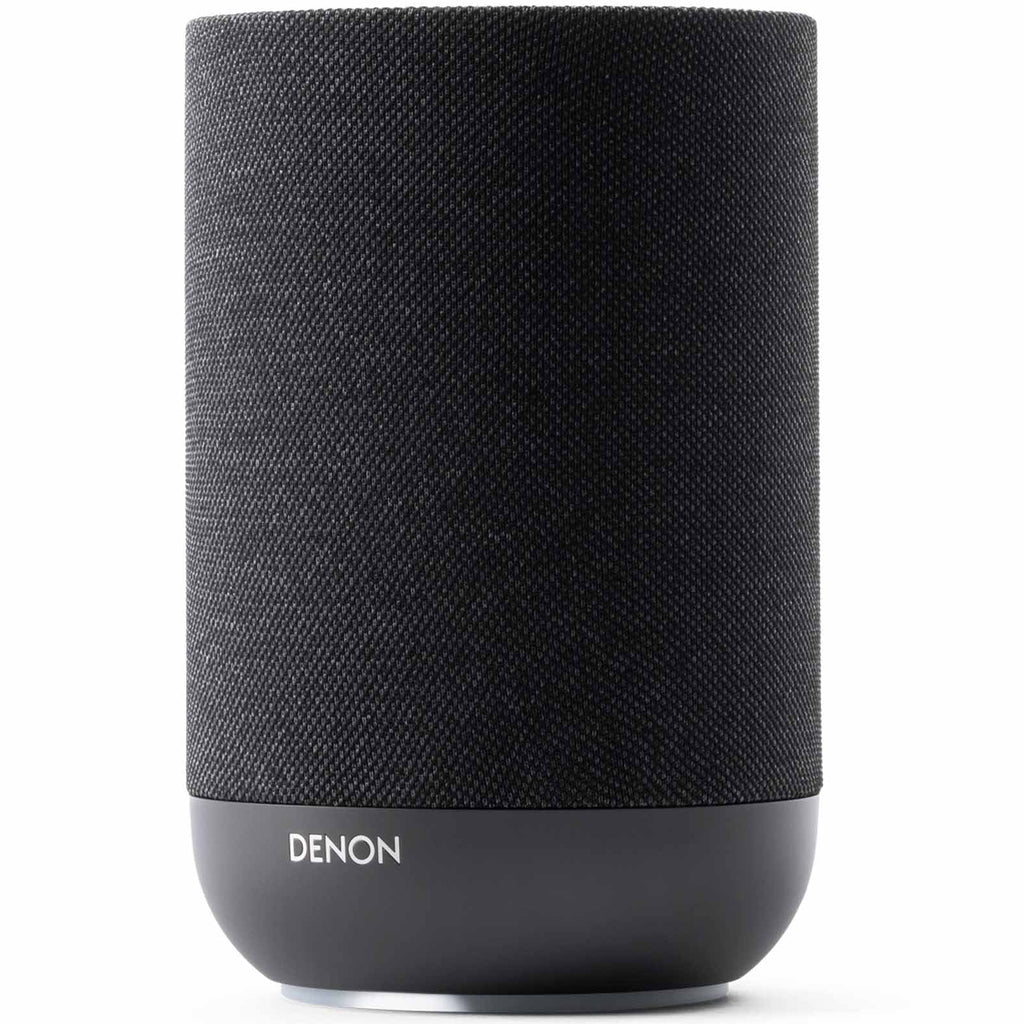 Denon Home 200 wireless speaker in charcoal color, compact design with fabric grille and control buttons on top.