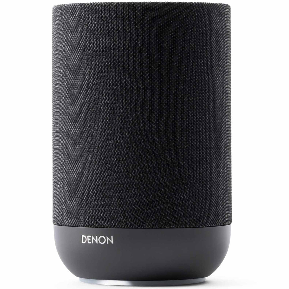 Denon Home 200 wireless speaker in charcoal color, compact design with fabric grille and control buttons on top.