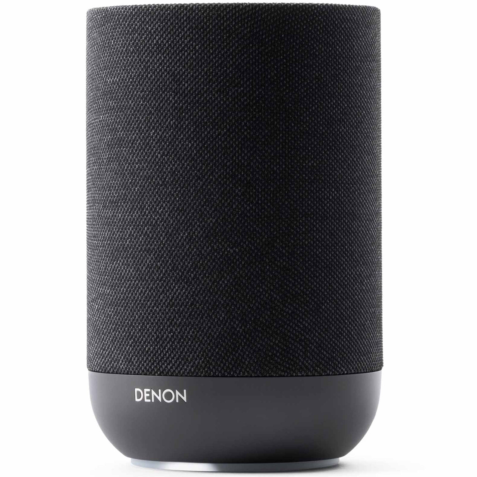 Denon Home 200 wireless speaker in charcoal color, compact design with fabric grille and control buttons on top.