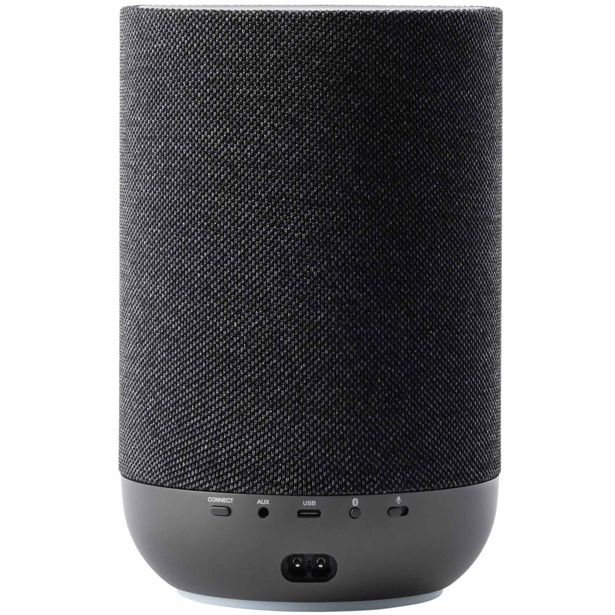 Denon Home 200 wireless speaker in charcoal color, compact design with fabric grille and control buttons visible.