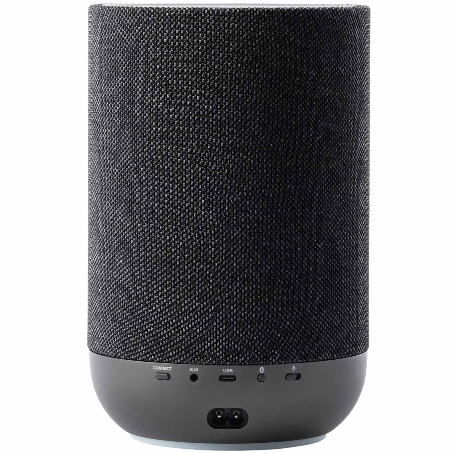 Denon Home 200 wireless speaker in charcoal color, compact design with fabric grille and control buttons on top.