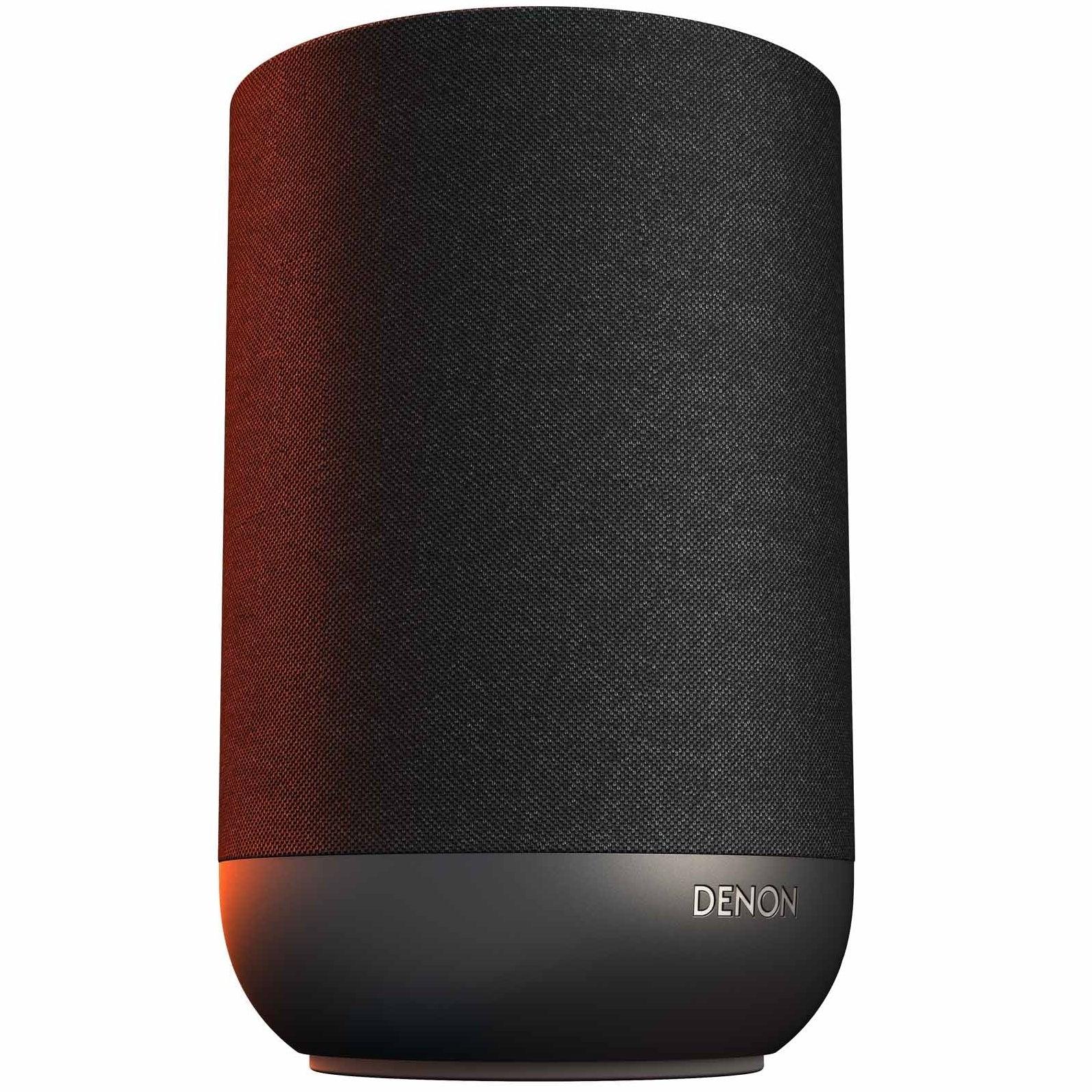 Denon Home 200 wireless speaker in charcoal color, showing sleek design and controls on the front.