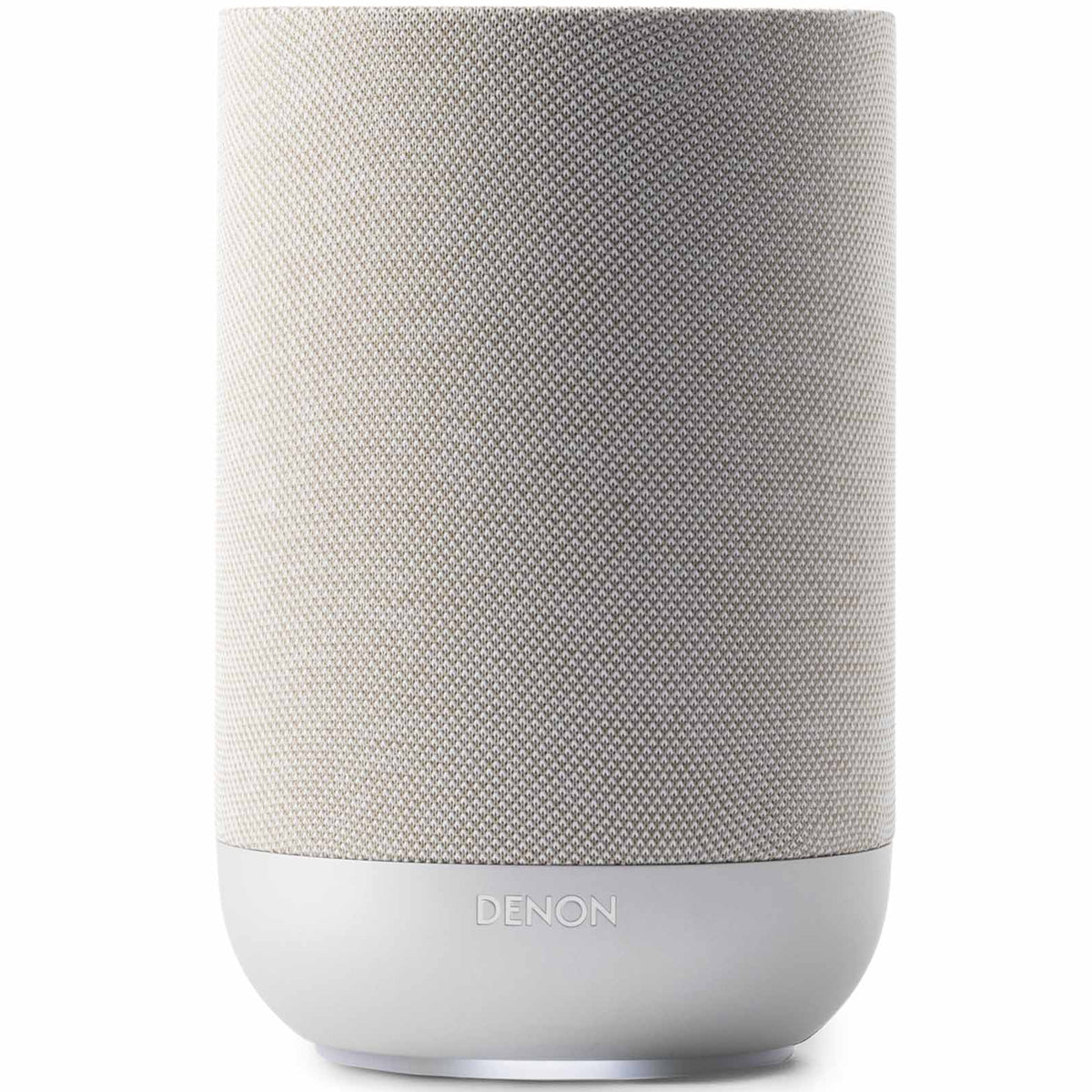 Denon Home 200 wireless speaker in stone color, showing a sleek compact design with fabric grille and control buttons on top.