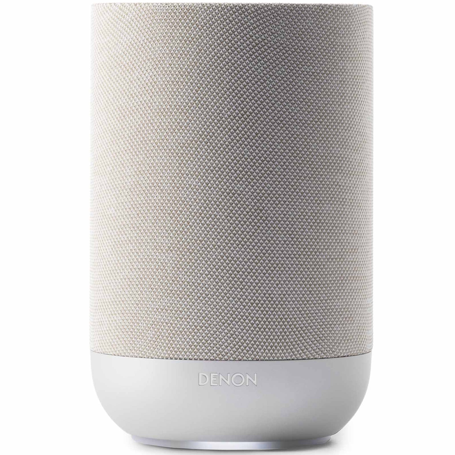 Denon Home 200 wireless speaker in stone color, showing a sleek compact design with fabric grille and control buttons on top.