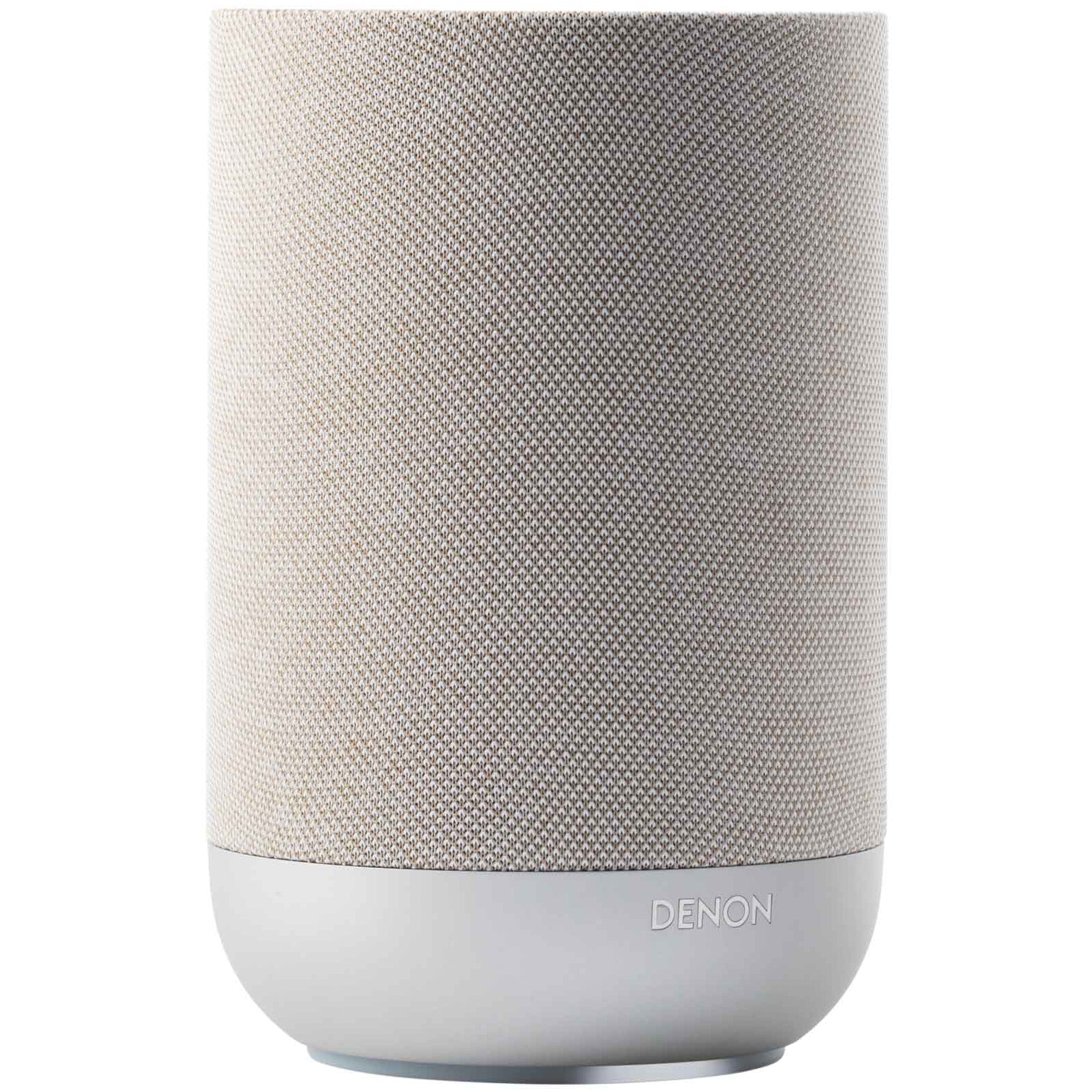 Denon Home 200 wireless speaker in stone color, compact design with fabric grille and control buttons on top.