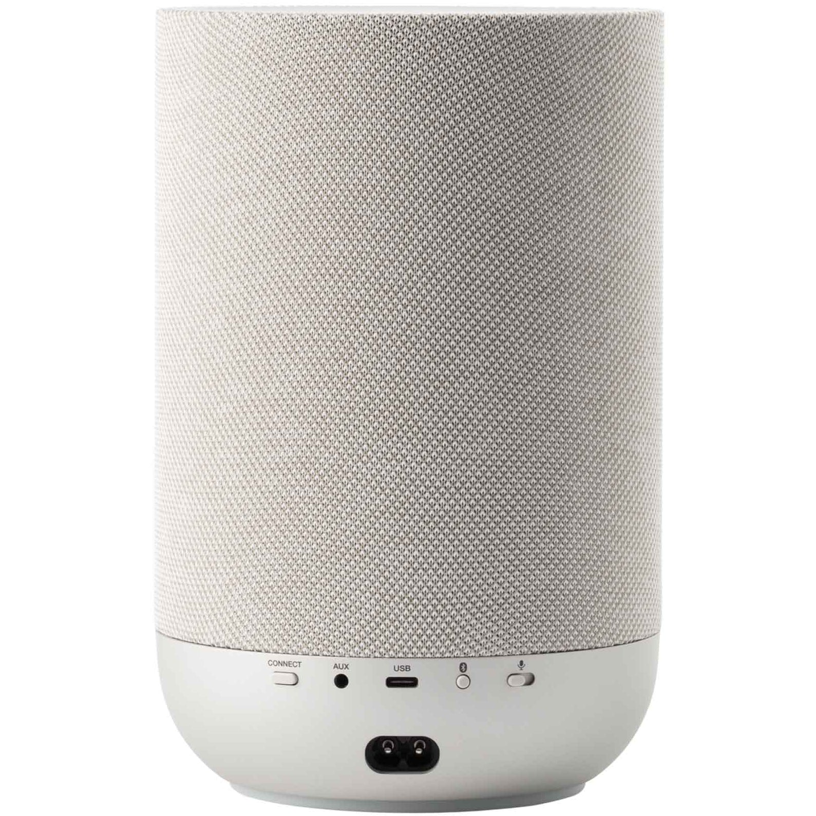 Denon Home 200 wireless speaker in stone color, compact design with fabric grille and control buttons on top.