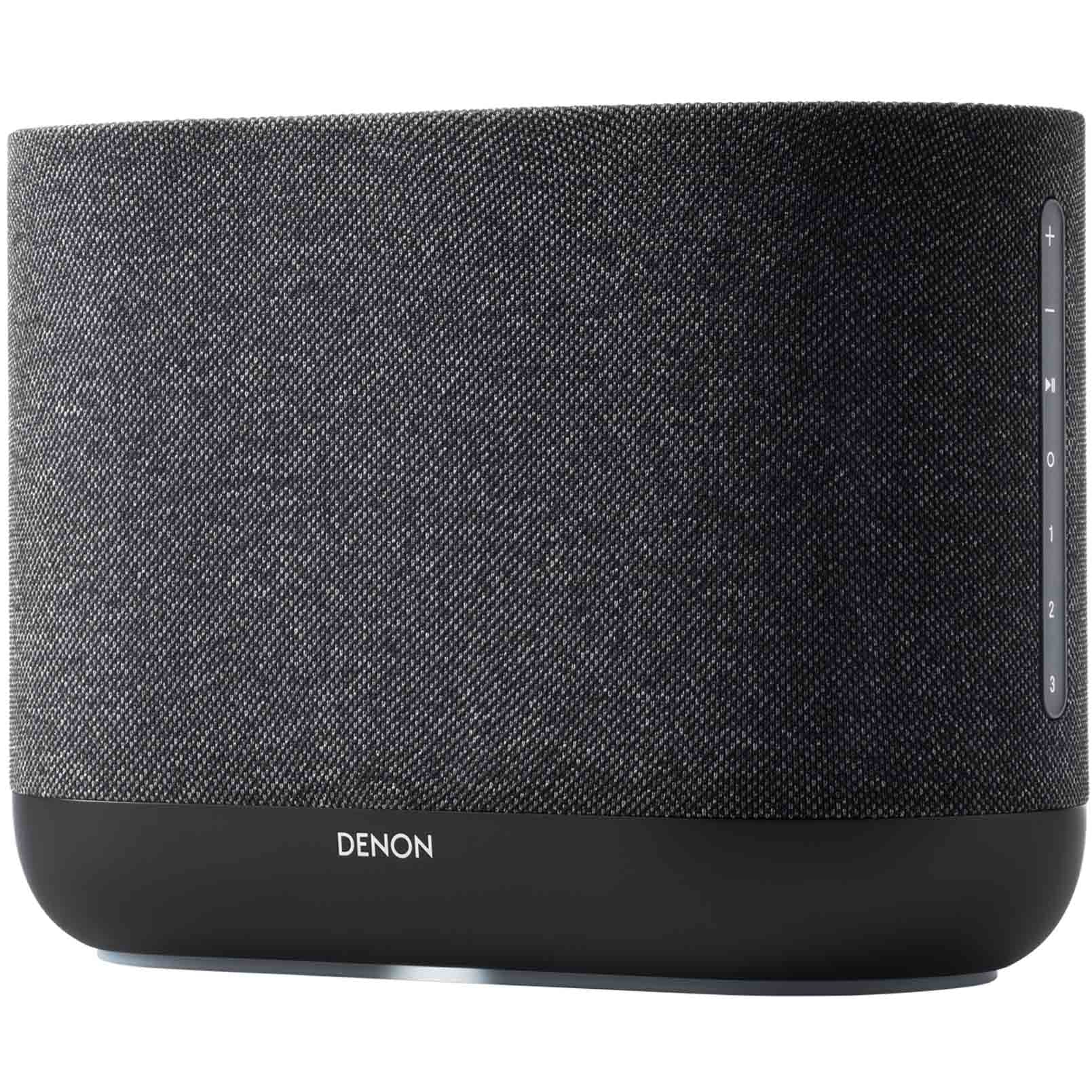 Charcoal Denon Home 400 wireless speaker showing a sleek, modern design with touch controls and a fabric speaker grille.