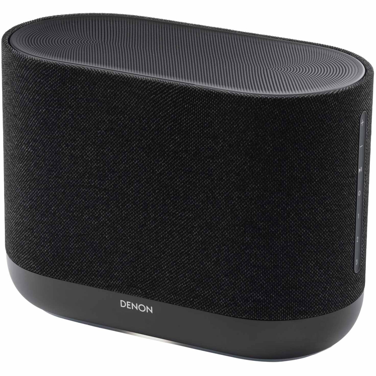 Charcoal Denon Home 400 wireless speaker with sleek design and control buttons on top, showcasing modern audio technology.