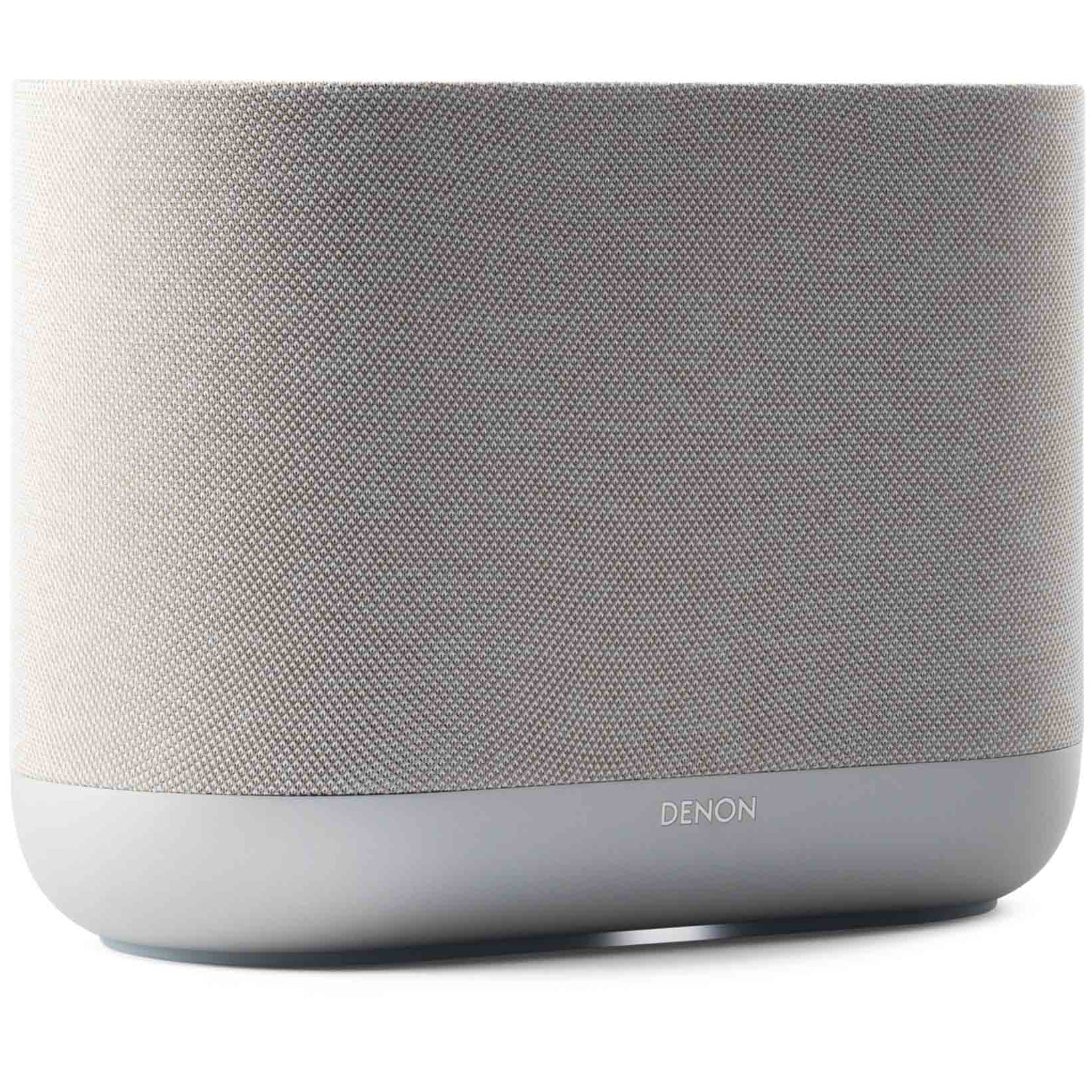 Denon Home 400 wireless speaker in stone color, compact design with fabric covering, showcasing modern home audio equipment.