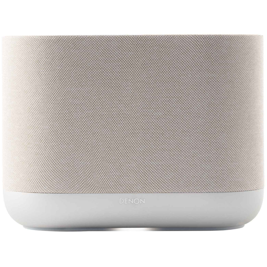 Denon Home 400 wireless speaker in stone color with sleek design and fabric grille, showcasing modern home audio equipment.