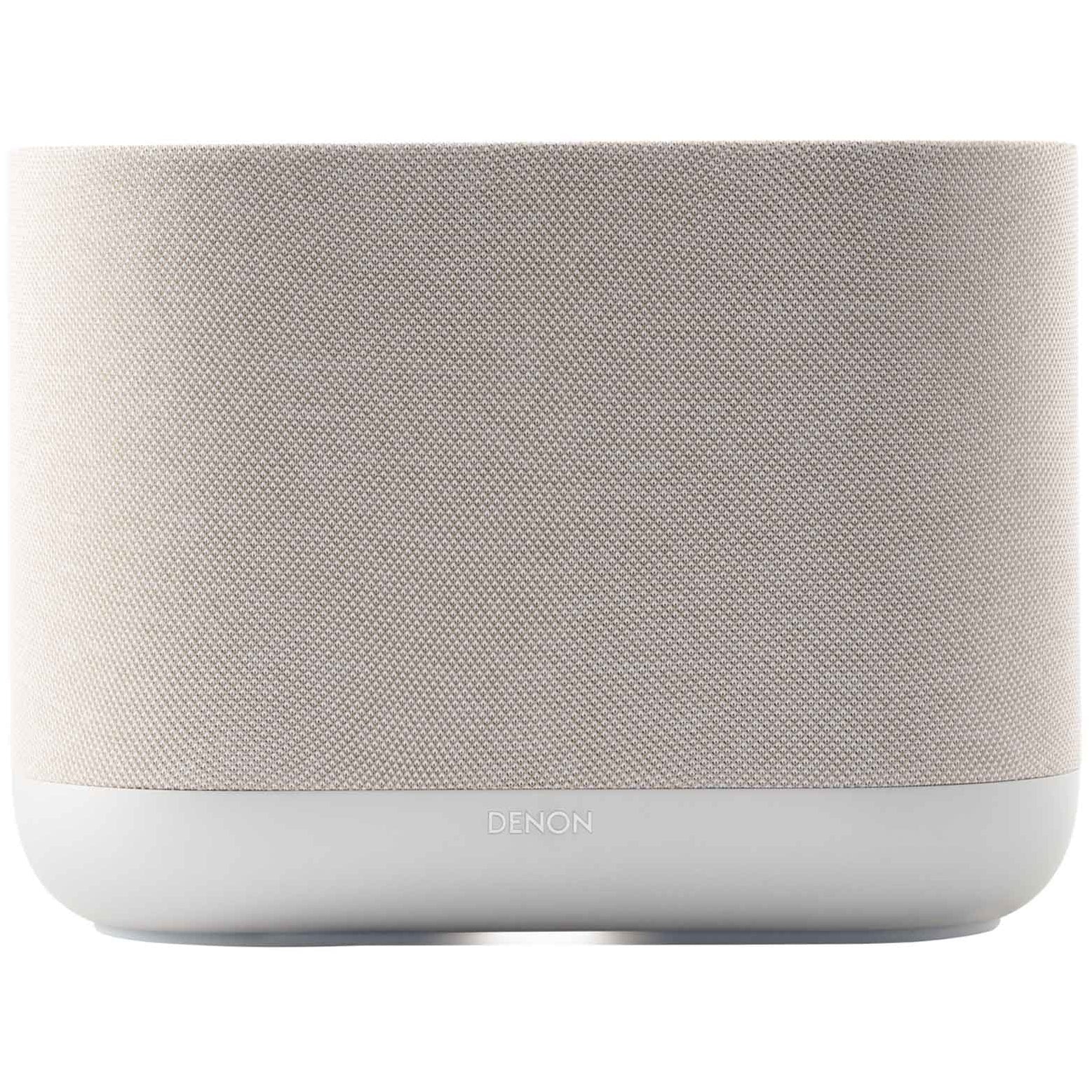 Denon Home 400 wireless speaker in stone color with sleek design and fabric grille, showcasing modern home audio equipment.