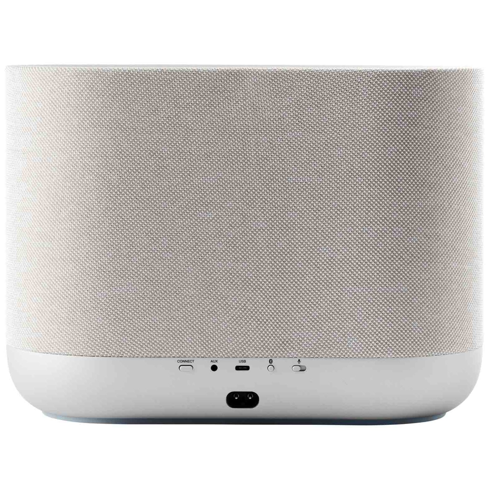 Denon Home 400 wireless speaker in stone color with sleek design and fabric-covered exterior.