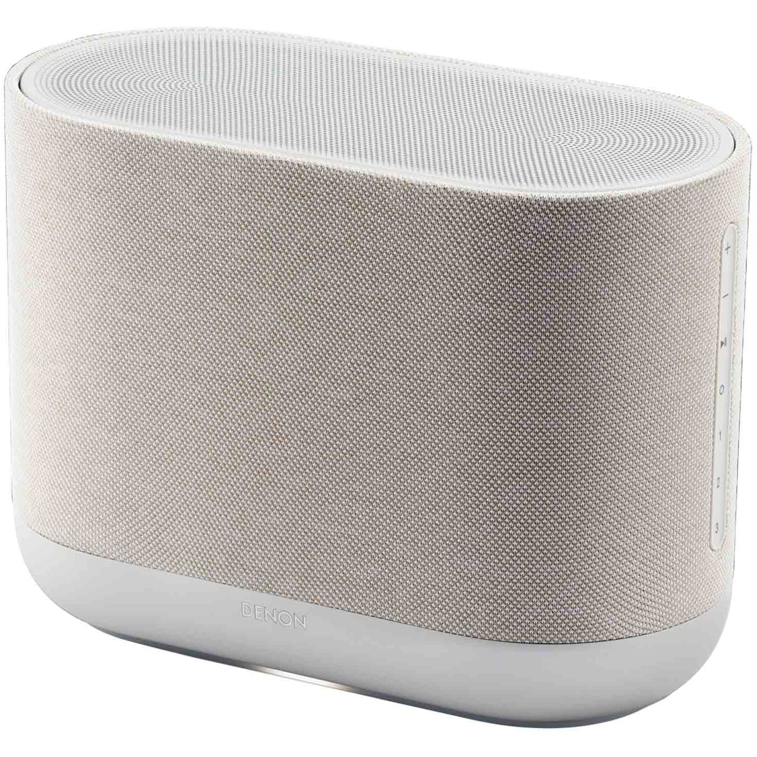 Denon Home 400 wireless speaker in stone color, compact design with fabric grille and control buttons on top.