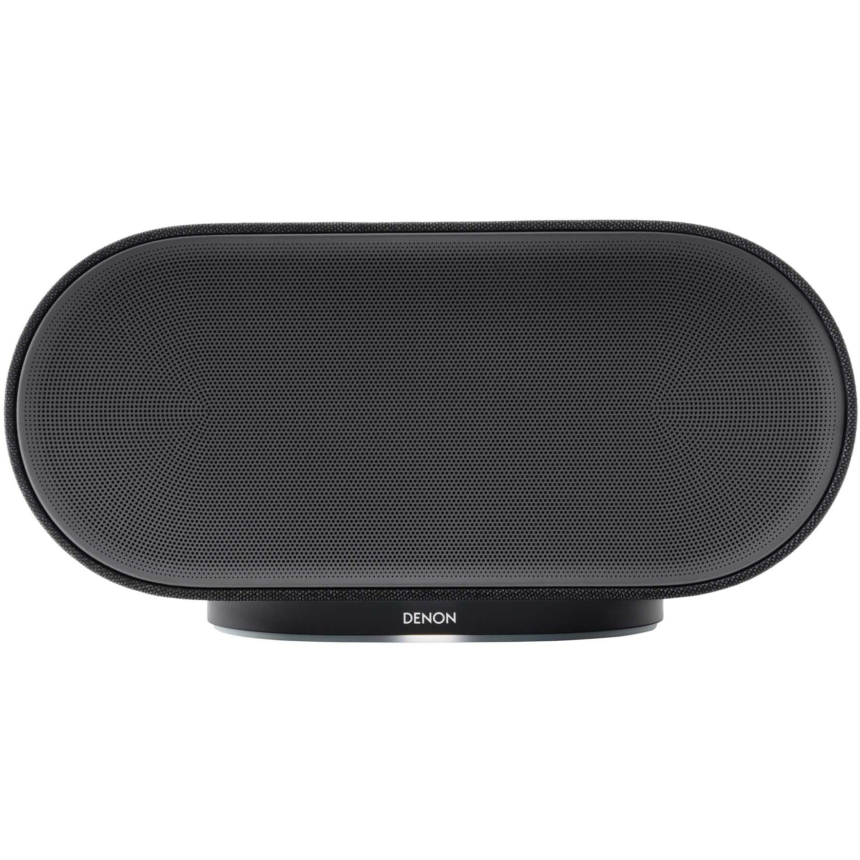 Charcoal Denon Home 600 wireless speaker showing sleek design and control buttons on the front.