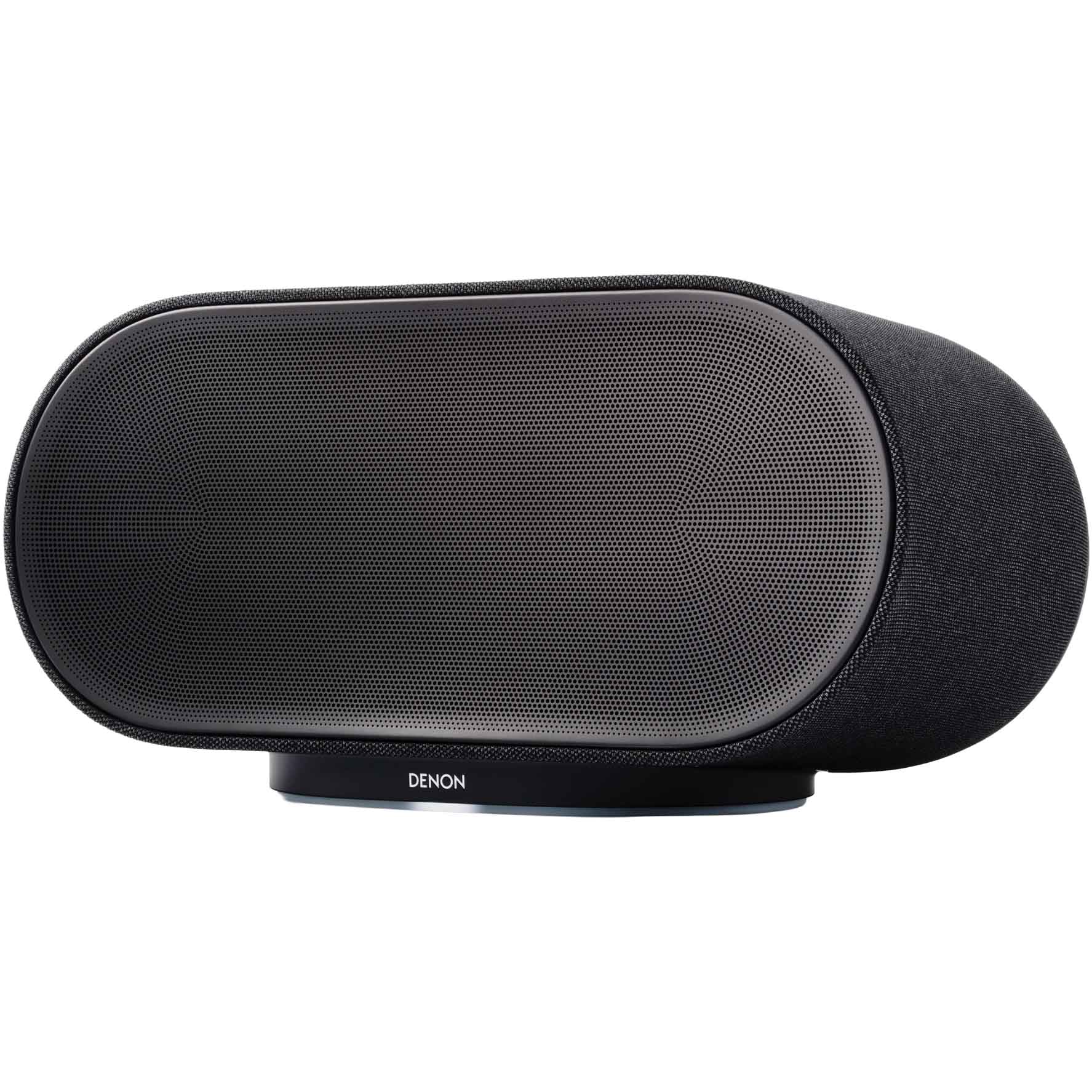 Denon Home 600 wireless speaker in charcoal color, compact design with fabric grille and control buttons on top.