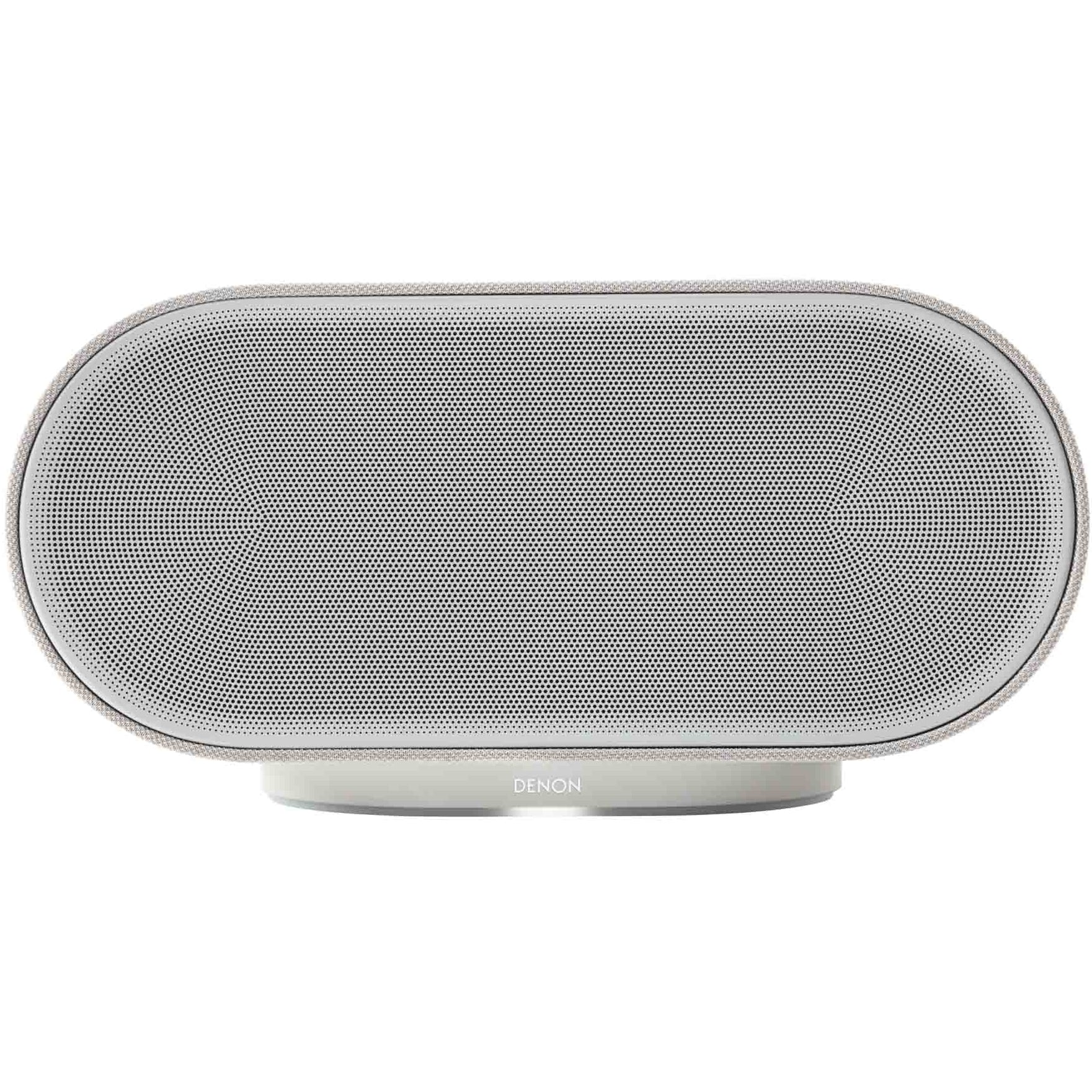 Denon Home 600 wireless speaker in stone color showing a sleek, modern design with fabric grille and control buttons on top.