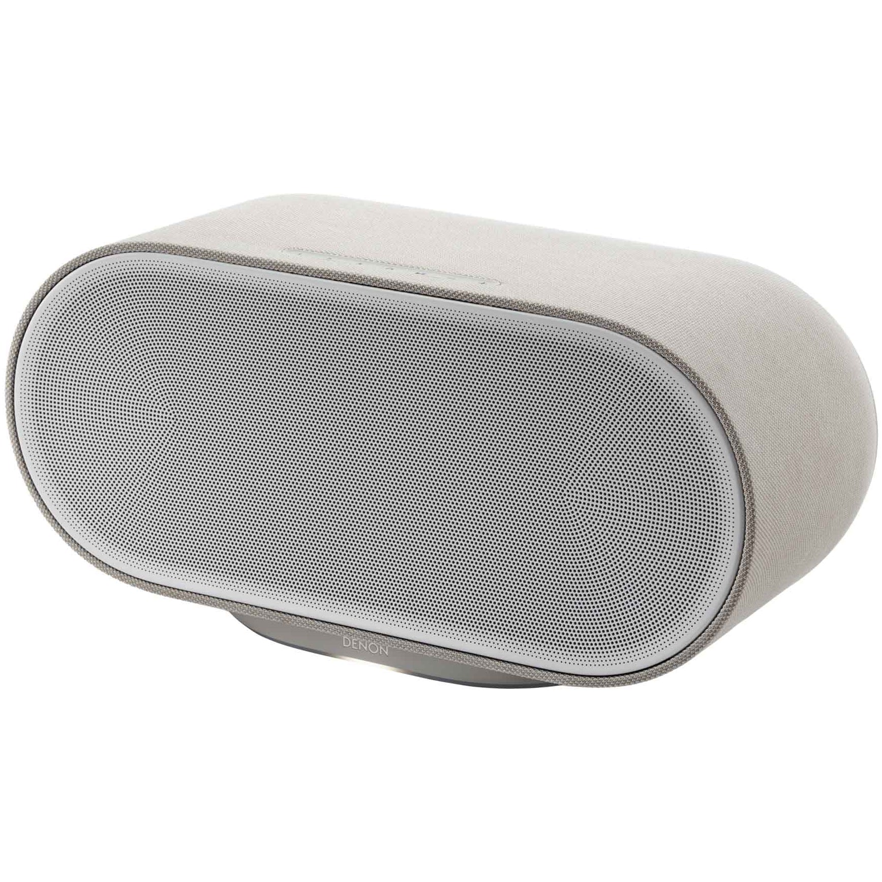 Denon Home 600 wireless speaker in stone color, sleek modern design with fabric covering and control buttons on top.