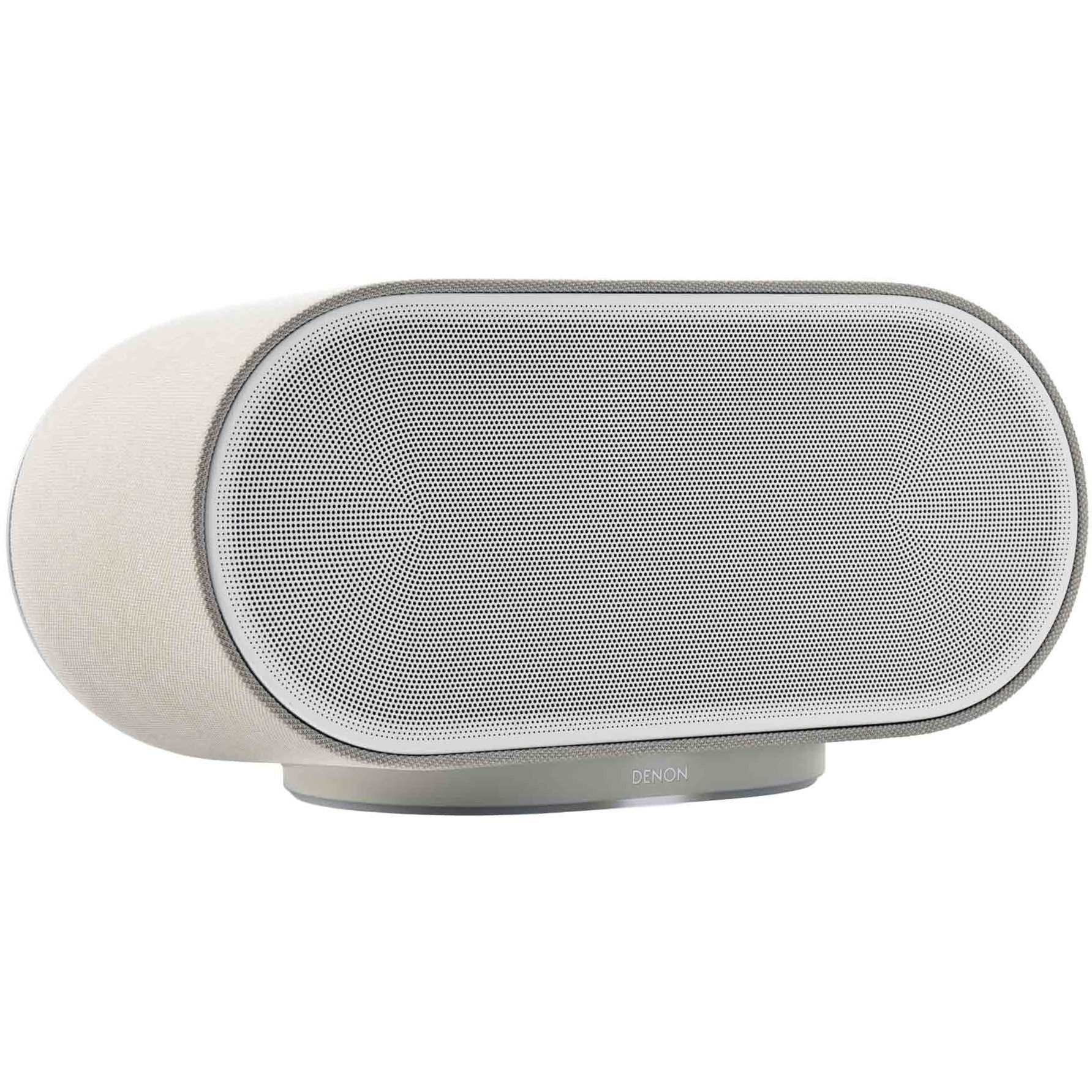 Denon Home 600 wireless speaker in stone color, showcasing its sleek design and compact size.