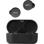 Denon PerL wireless in-ear headphones, black charging case open with earbuds