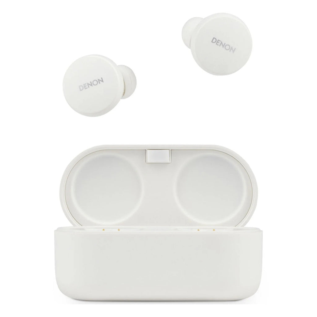 Denon PerL wireless in-ear headphones, white earbuds and case
