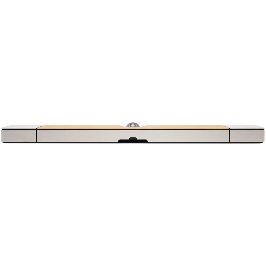 Devialet Dione soundbar with sleek black design, featuring multiple speaker drivers and a modern TV speaker setup.