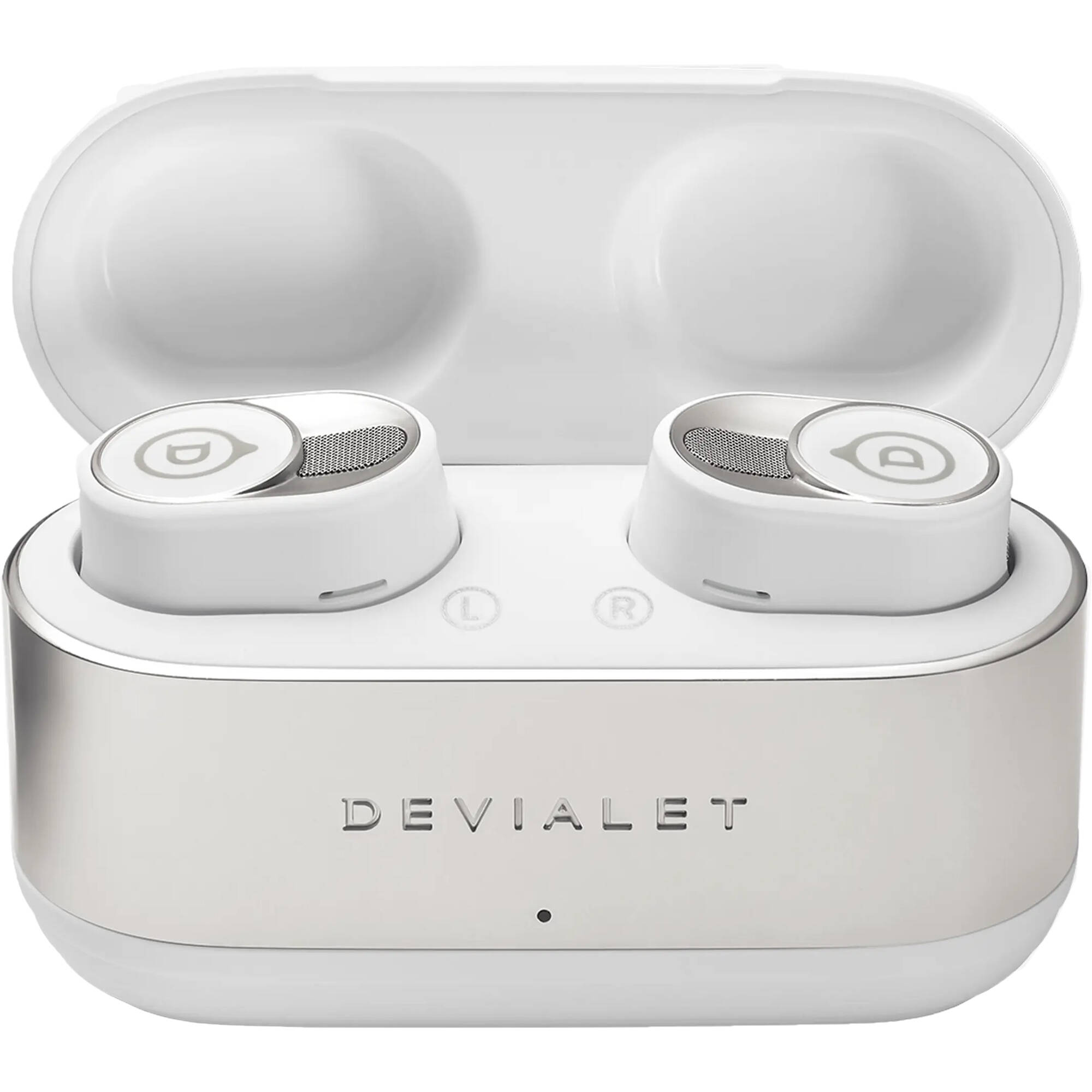 Devialet Gemini II wireless in-ear headphones, in white, with case, rear view