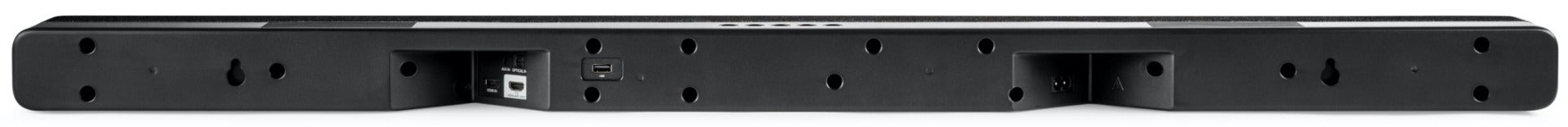 Denon DHT-S517 soundbar with sleek black design and multiple audio ports for enhanced TV sound quality.