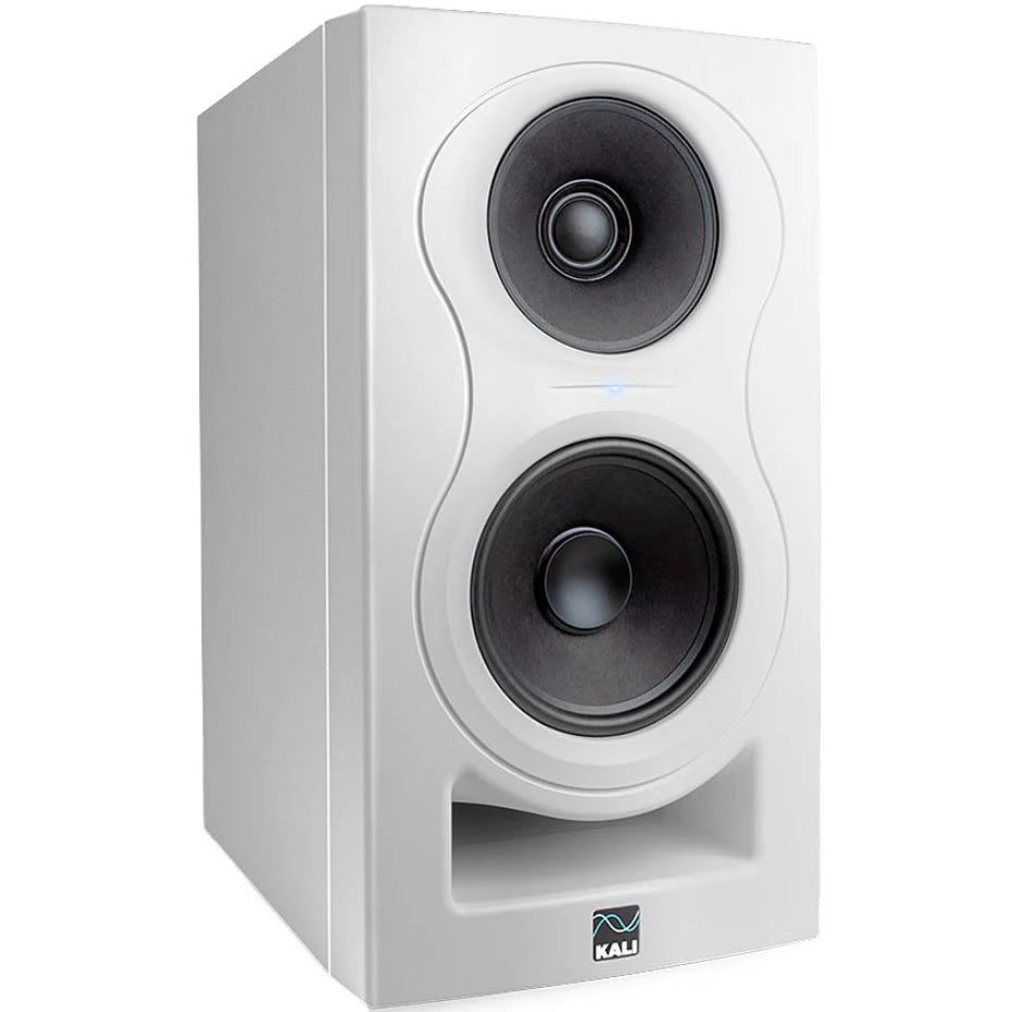 Kali Audio IN-5 active nearfield monitors with sleek black design and front-facing controls for professional audio monitoring.