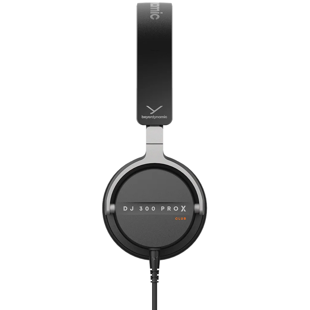 Beyerdynamic DJ 300 Pro X Club DJ headphones with over-ear design and adjustable headband, shown from a side angle.