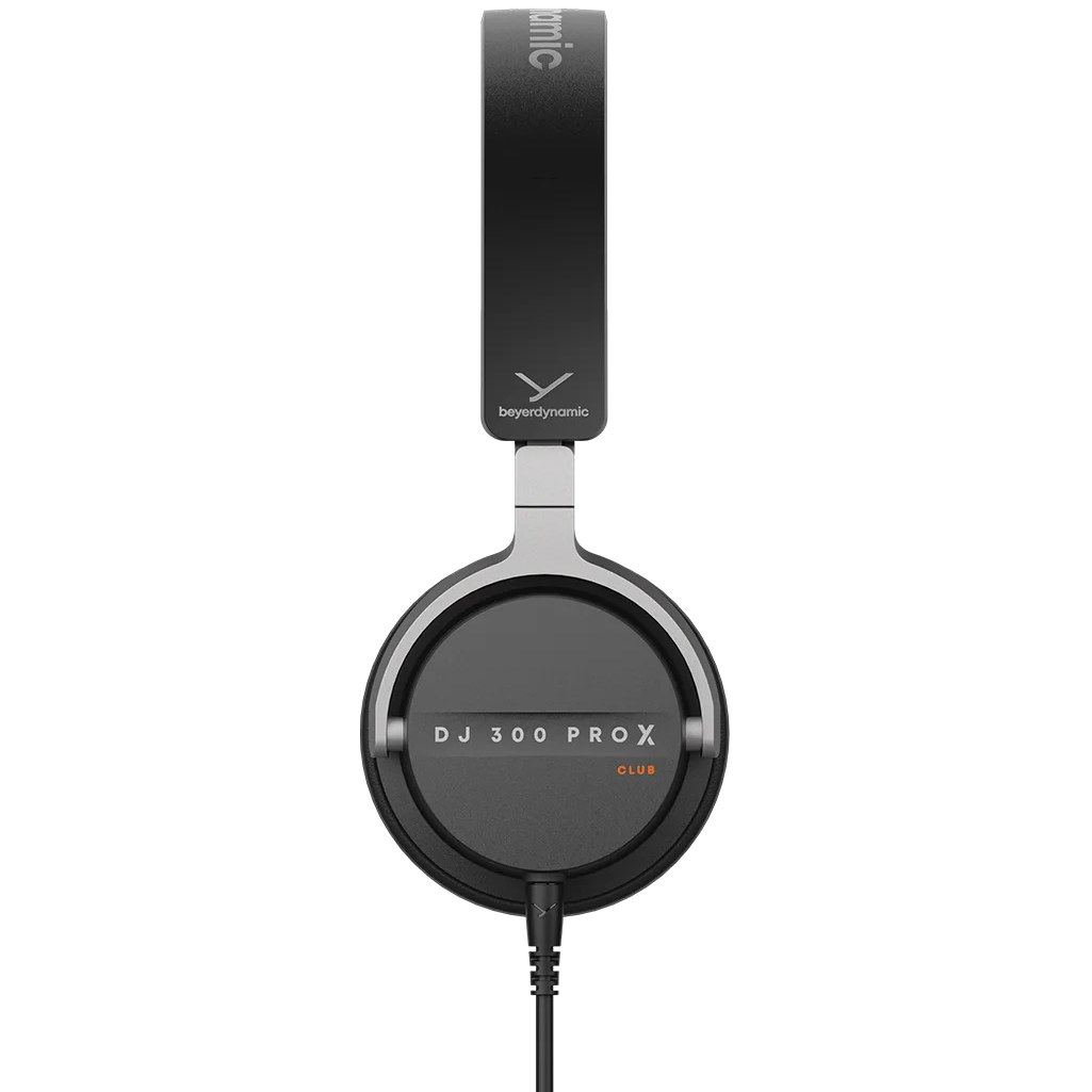 Beyerdynamic DJ 300 Pro X Club DJ headphones with over-ear design and adjustable headband, shown from a side angle.