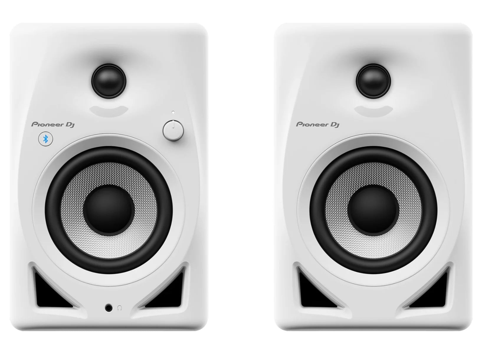 Pioneer DJ DM-40D-BT desktop speakers with black finish, front view showing speaker drivers and control panel.