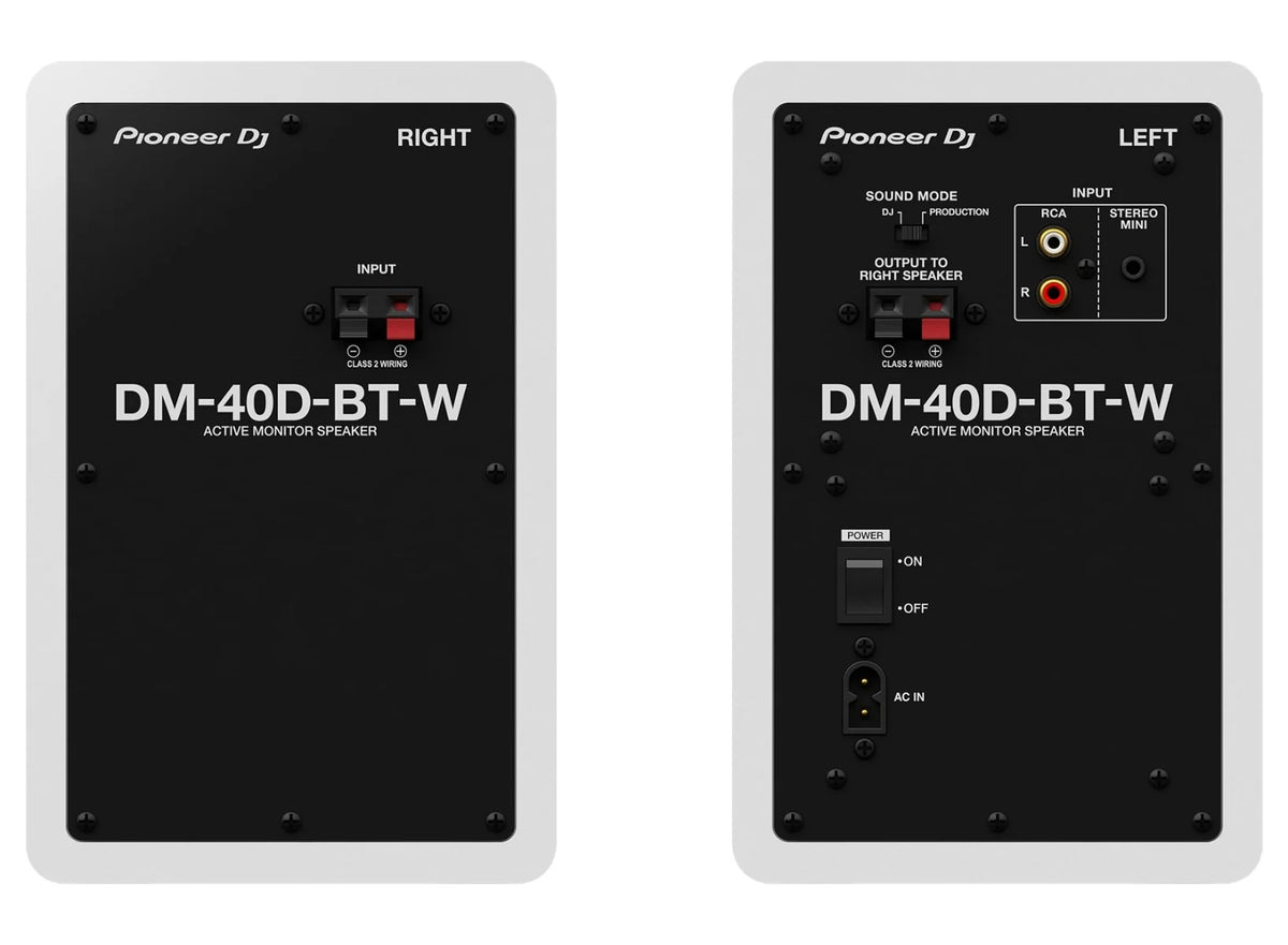 Pioneer DJ DM-40D-BT desktop speakers shown from the rear, featuring connection ports and sleek black design.