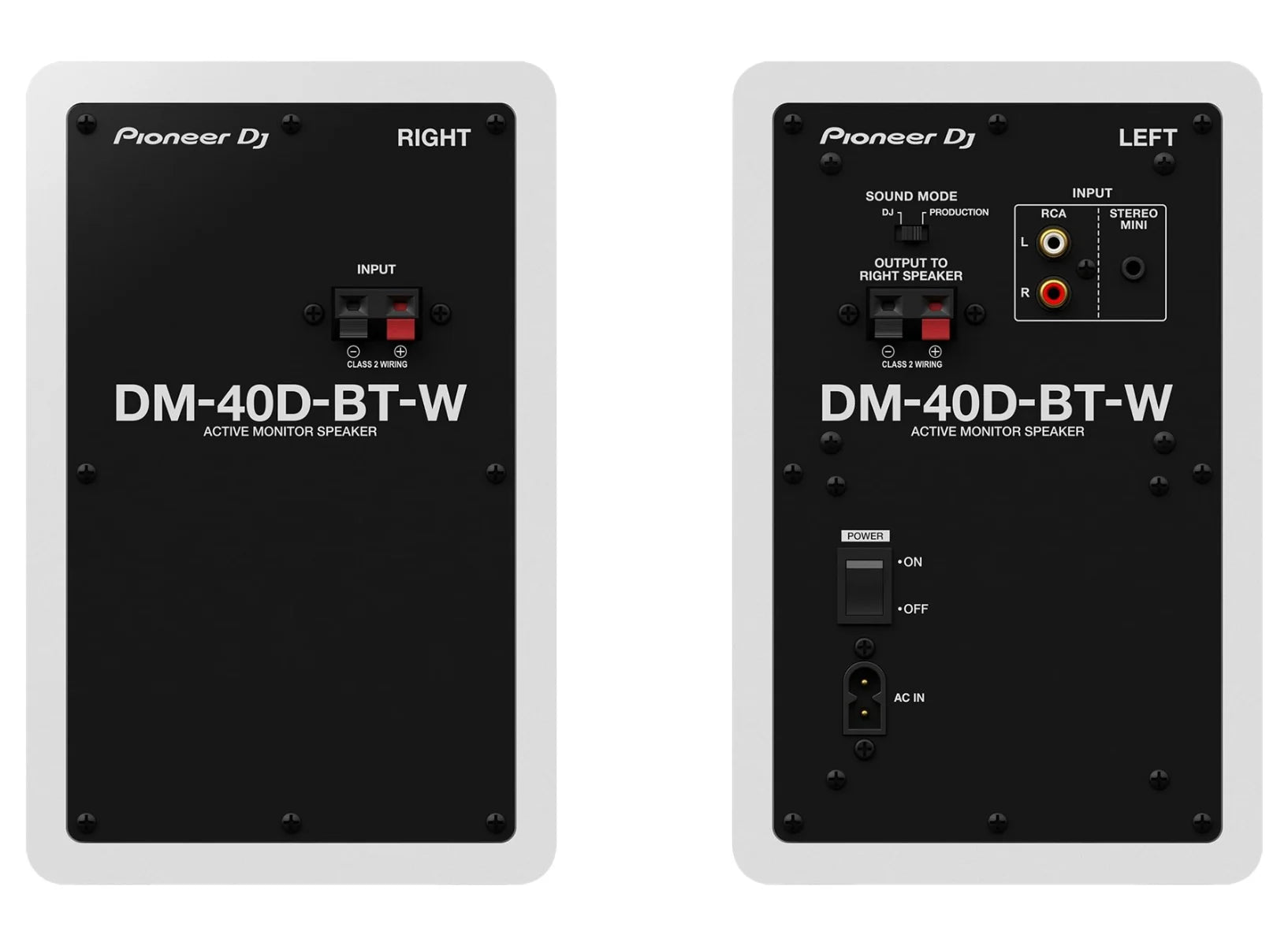 Pioneer DJ DM-40D-BT desktop speakers shown from the rear, featuring connection ports and sleek black design.