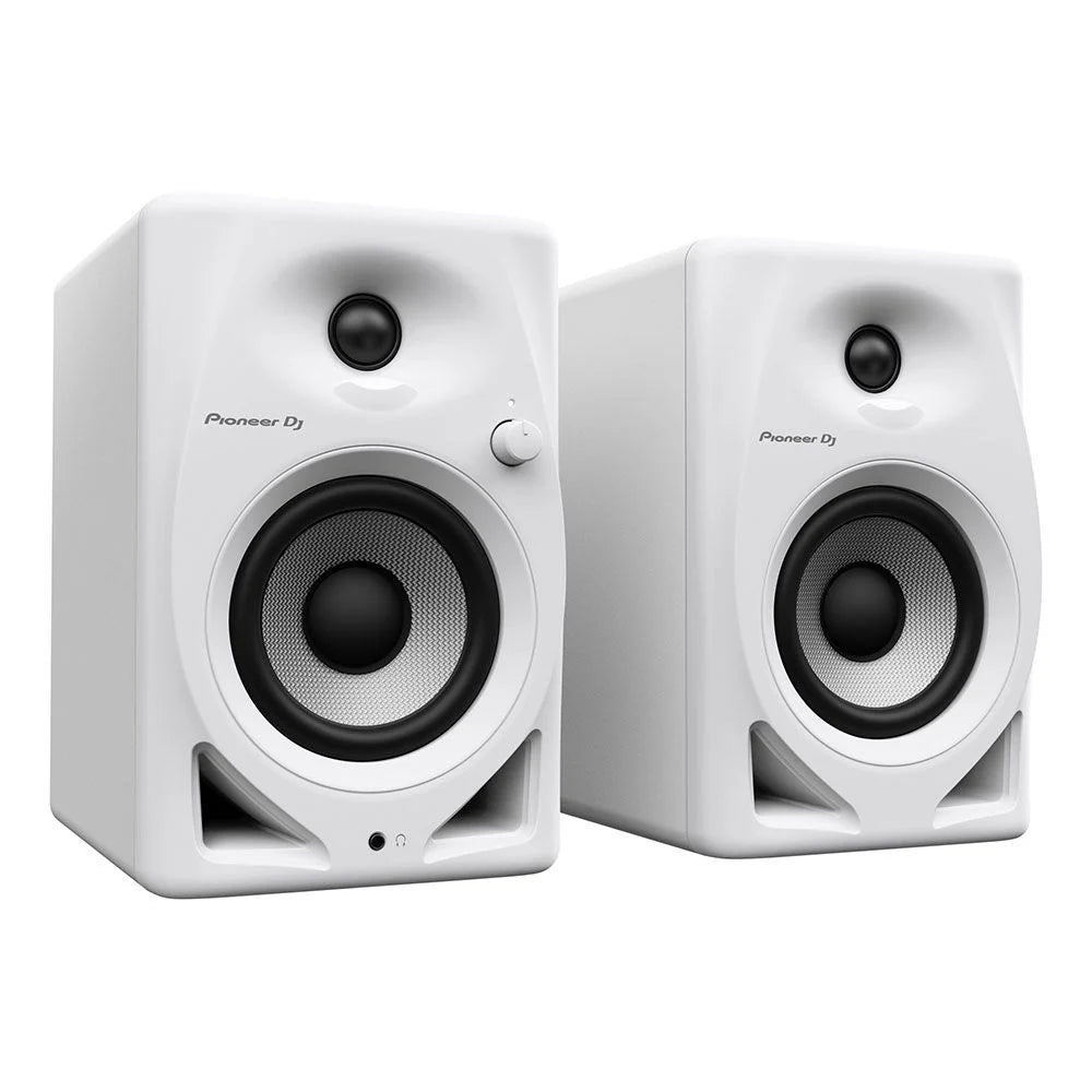 Pioneer DJ DM-40D desktop speakers shown from an angled view, featuring black enclosure and front speaker grilles.