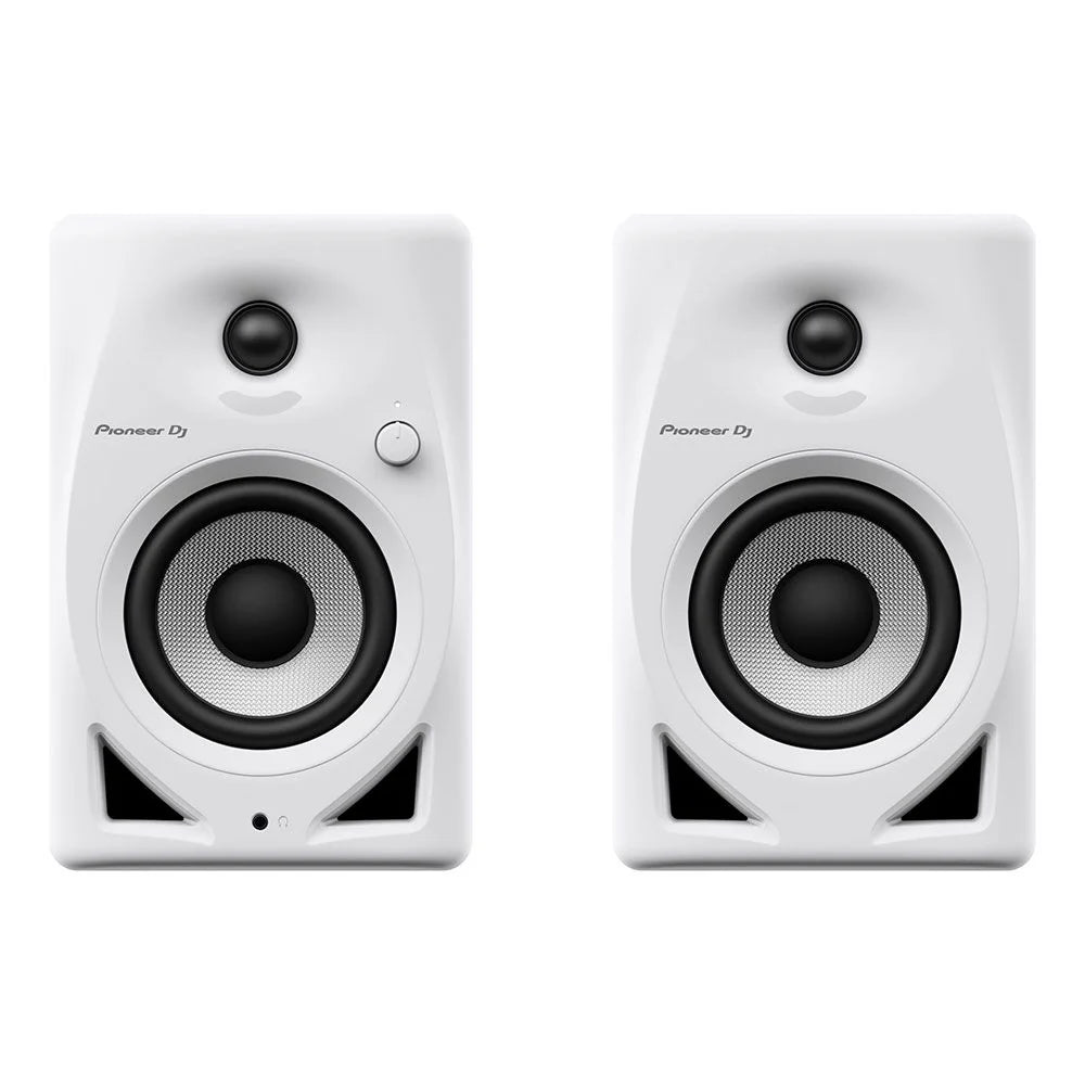 Pioneer DJ DM-40D desktop speakers with white finish, front view showing sleek design and speaker grille.
