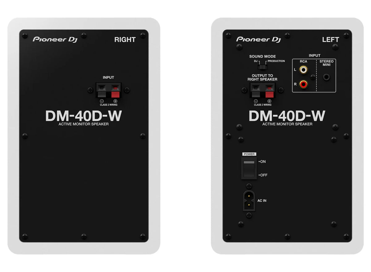 Rear view of Pioneer DJ DM-40D desktop speakers showing input ports and connection terminals.
