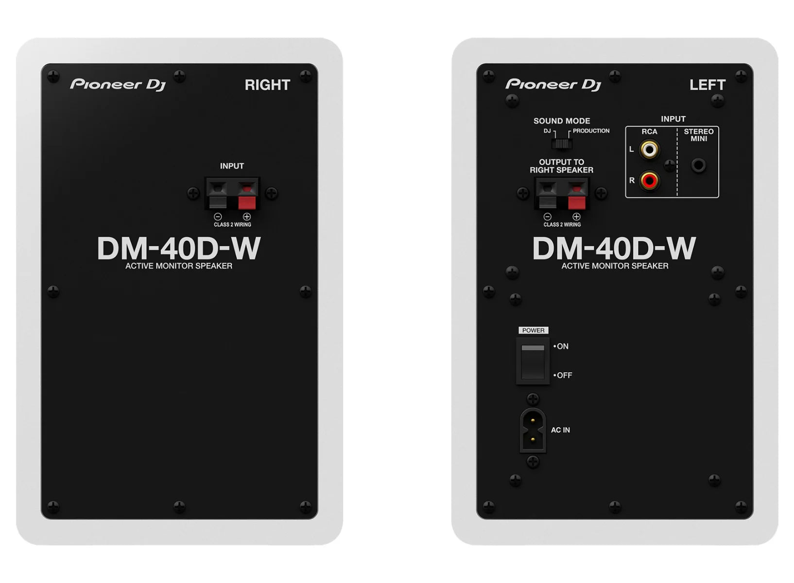 Rear view of Pioneer DJ DM-40D desktop speakers showing input ports and connection terminals.