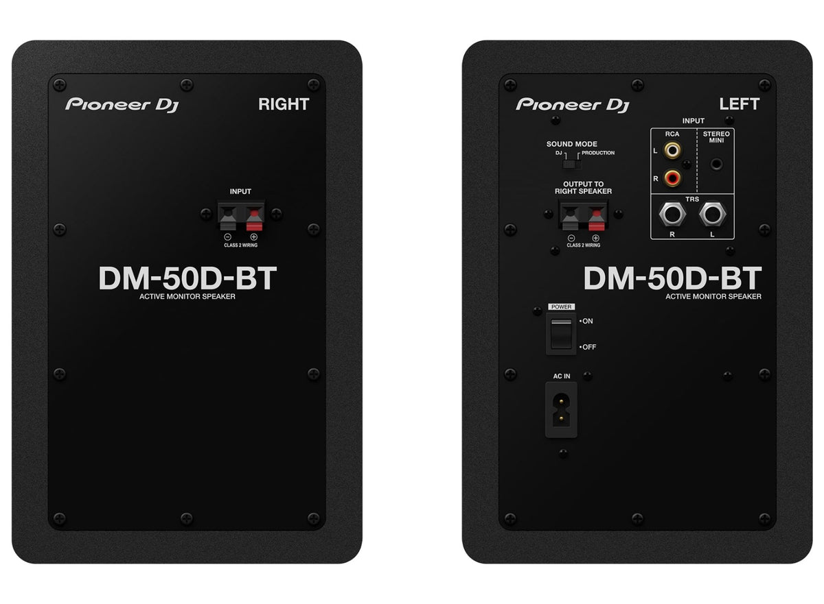 Rear view of Pioneer DJ DM-50D-BT desktop speakers showing connection ports and back panel features.